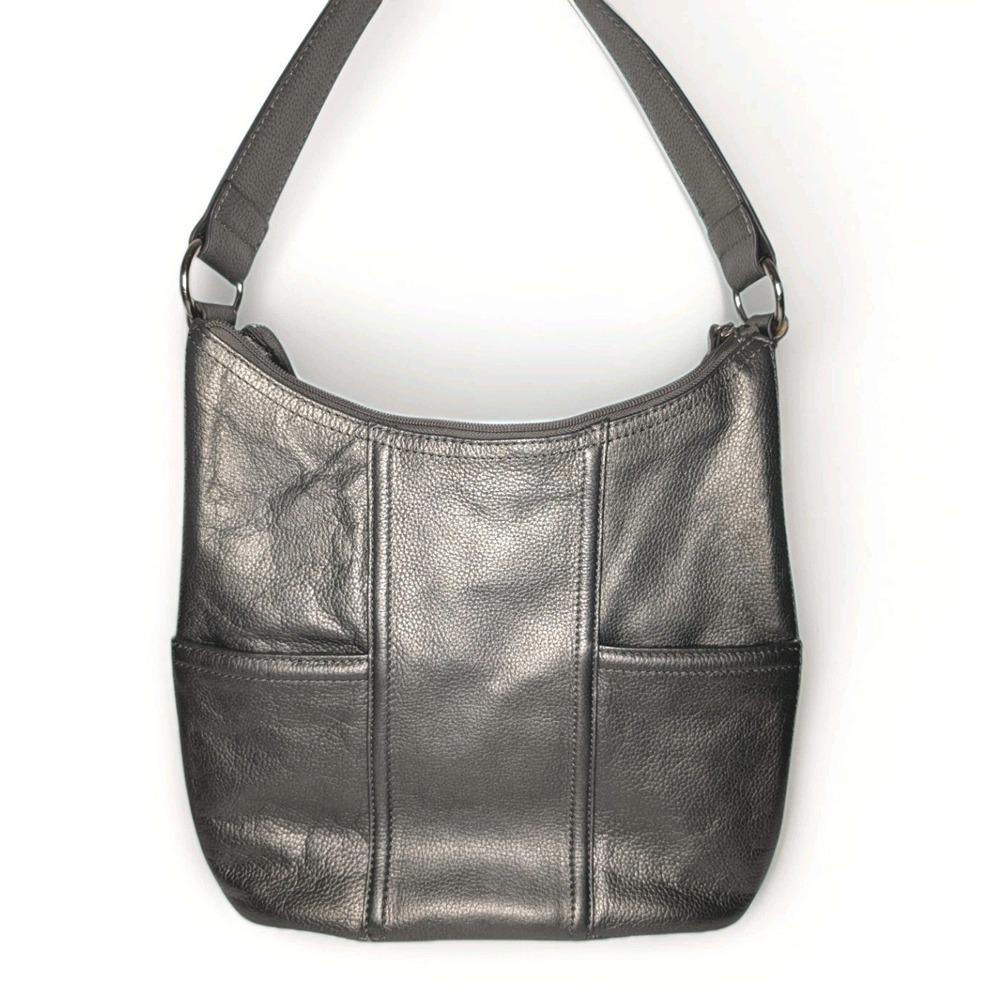 Tignanello Gunmetal Pewter Pebble Leather Shoulder Bag Silver Hardware 12"